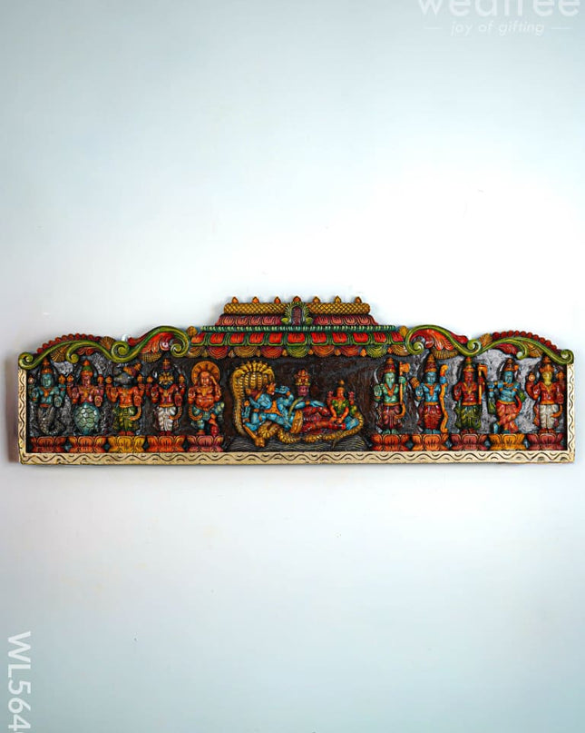Wooden Carved Maha Vishnu - Dasavatharam Wall Hanging Panel - 60 inch - WL5640 - Wooden Artifacts