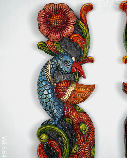 Wooden Carved Peacock with Flower Wall Hanging - Set of 2 - 36 inch - WL5647 - Wooden Artifacts