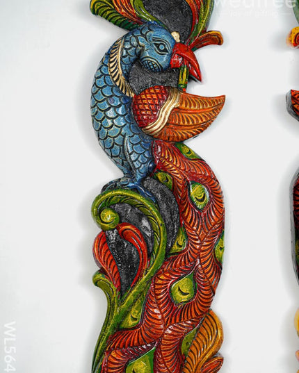 Wooden Carved Peacock with Flower Wall Hanging - Set of 2 - 36 inch - WL5647 - Wooden Artifacts
