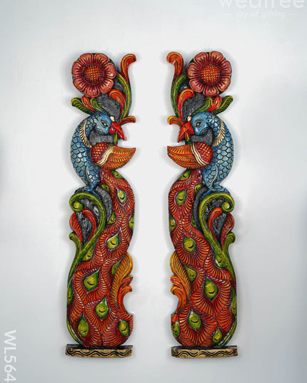 Wooden Carved Peacock with Flower Wall Hanging - Set of 2 - 36 inch - WL5647 - Wooden Artifacts