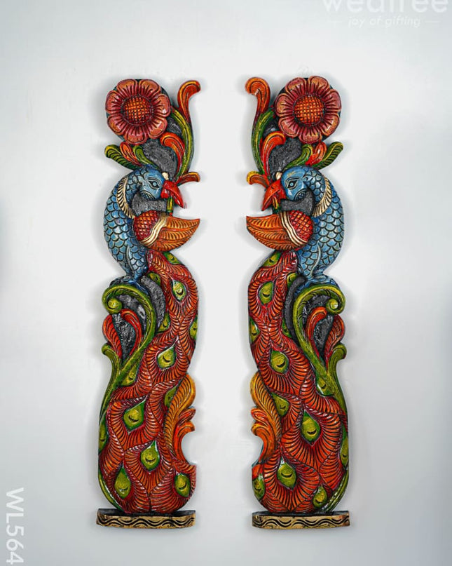 Wooden Carved Peacock with Flower Wall Hanging - Set of 2 - 36 inch - WL5647 - Wooden Artifacts