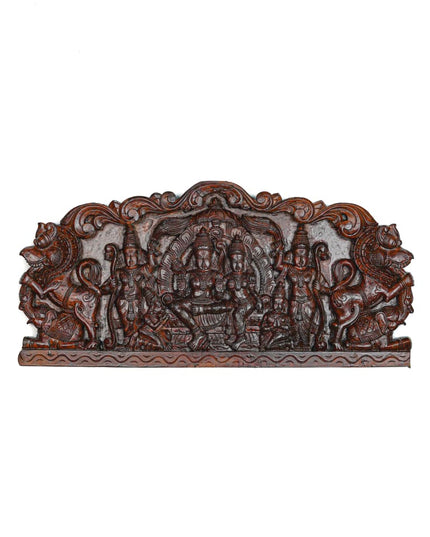 Wooden Carved Ram Darbar with Yazhi Wall Hanging Panel - 30 inch - WL5634 - Wooden Artifacts