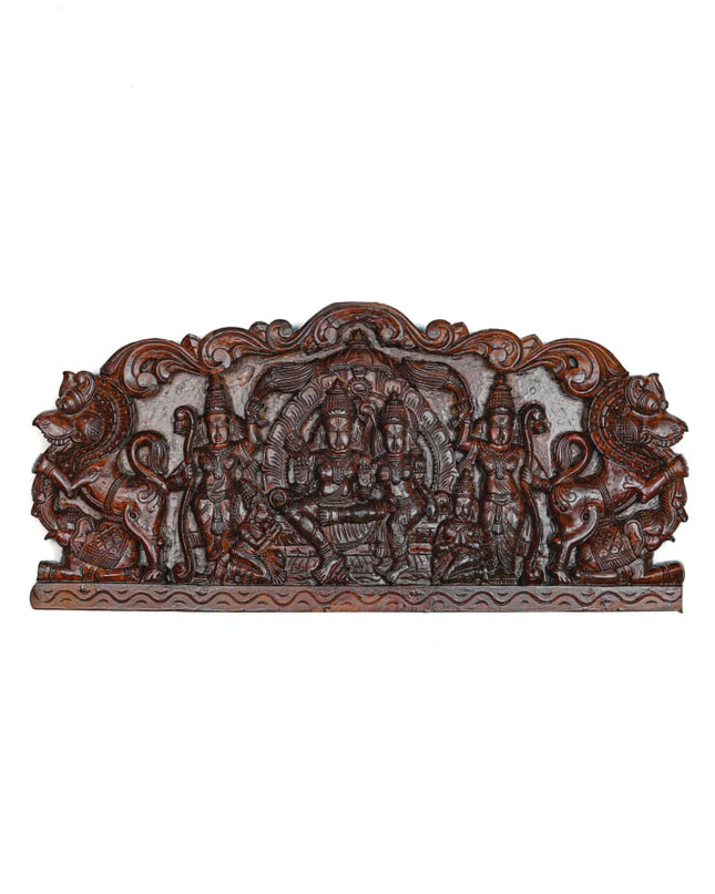 Wooden Carved Ram Darbar with Yazhi Wall Hanging Panel - 30 inch - WL5634 - Wooden Artifacts
