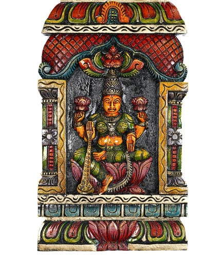 Wooden Carved Saraswathi with Gopuram Design Wall Hanging Frame - 24 inch - WL5624 - Wooden Artifacts