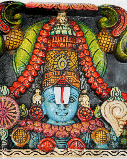 Wooden Carved Tirupathi Balaji with Flower Design Wall Hanging Frame - 12 inch - WL5643 - Wooden Artifacts