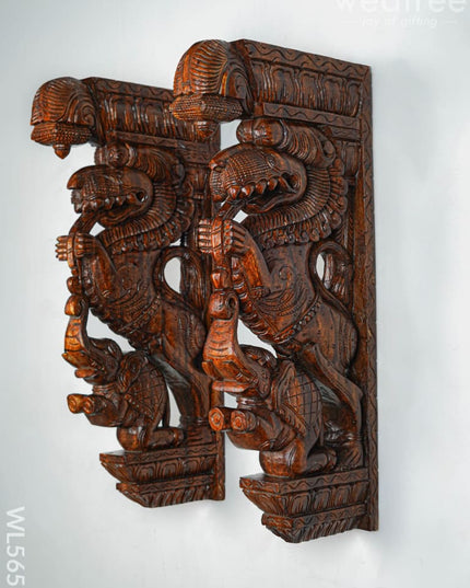 Wooden Carved Yazhi with Elephant Wall Hanging Bracket - Set of 2 - 27 inch - WL5653 - Wooden Artifacts