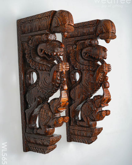 Wooden Carved Yazhi with Elephant Wall Hanging Bracket - Set of 2 - 27 inch - WL5653 - Wooden Artifacts