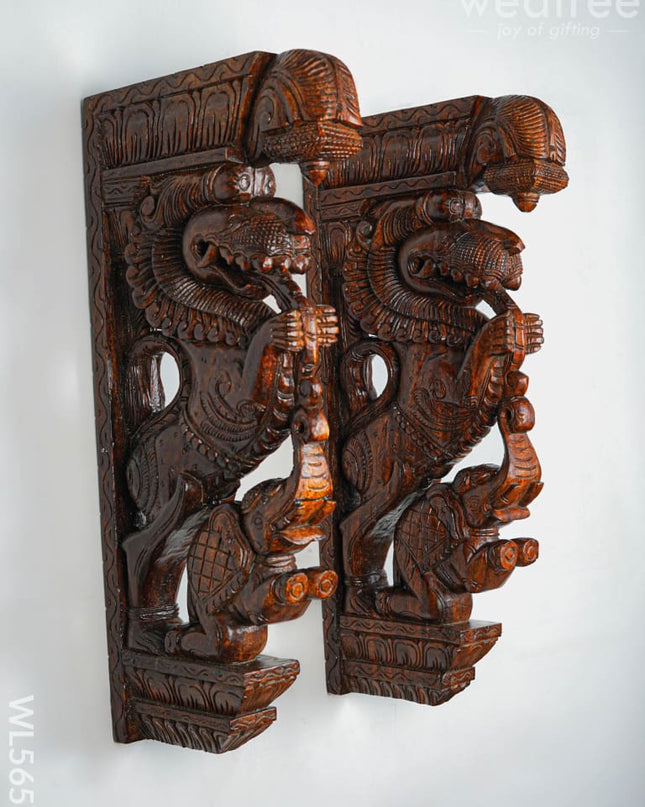 Wooden Carved Yazhi with Elephant Wall Hanging Bracket - Set of 2 - 27 inch - WL5653 - Wooden Artifacts