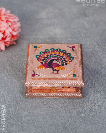 Wooden Dry Fruit Box With Meenakari Peacock Design - Wbg1289 Rose Gold