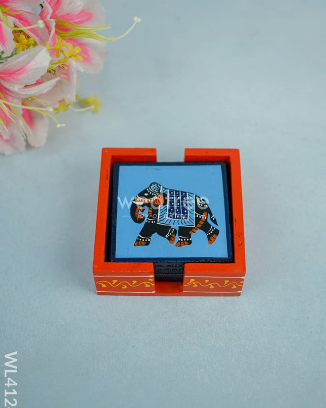 Wooden Handpainted Coasters With Elephant Print - Set Of 6 Wl4124 Utility