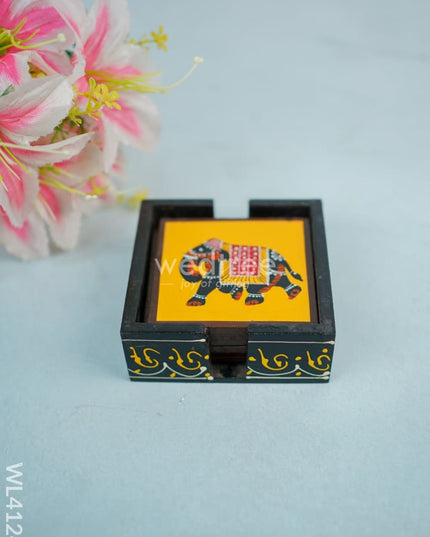 Wooden Handpainted Coasters With Elephant Print - Set Of 6 Wl4124 Utility