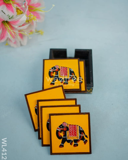 Wooden Handpainted Coasters With Elephant Print - Set Of 6 Wl4124 Utility