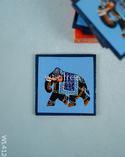 Wooden Handpainted Coasters With Elephant Print - Set Of 6 Wl4124 Utility