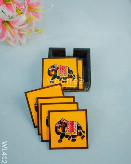 Wooden Handpainted Coasters With Elephant Print - Set Of 6 Wl4124 Utility