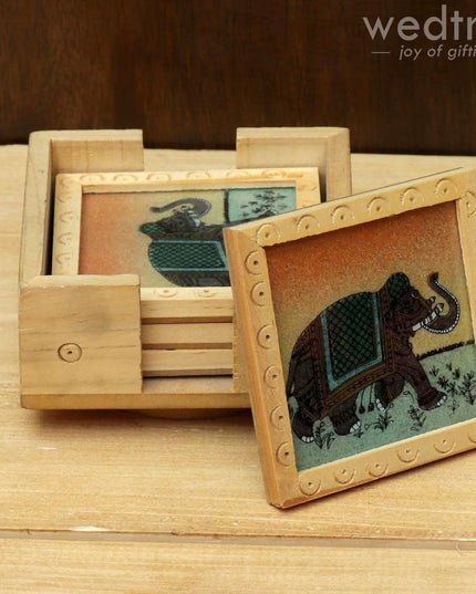 Wooden Hand Painted Coasters (Set Of 4) With A Revolving Stand - Bcg0127 Organisers