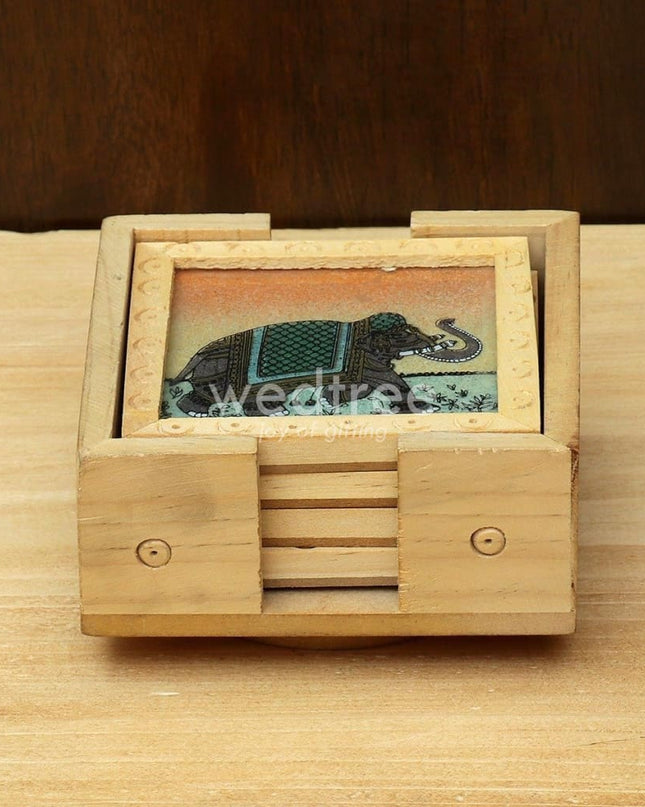 Wooden Hand Painted Coasters (Set Of 4) With A Revolving Stand - Bcg0127 Organisers