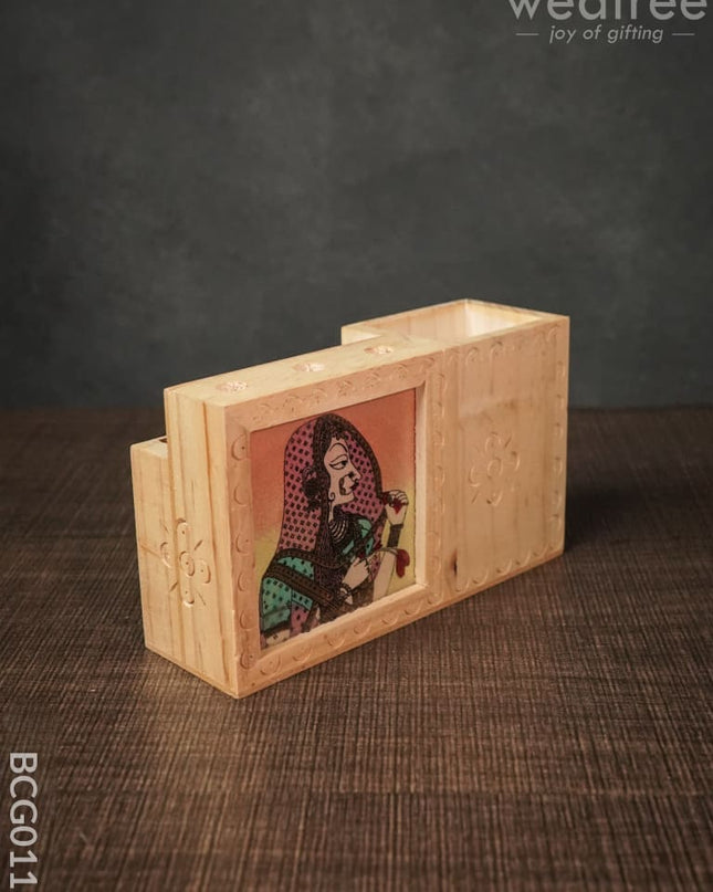Wooden Hand Painted Pen Stand With Card Holder - Bcg0113 Organisers