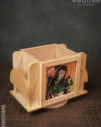 Wooden Hand Painted Revolving Pen Stand With Card Holder - Wbg0405 Utility