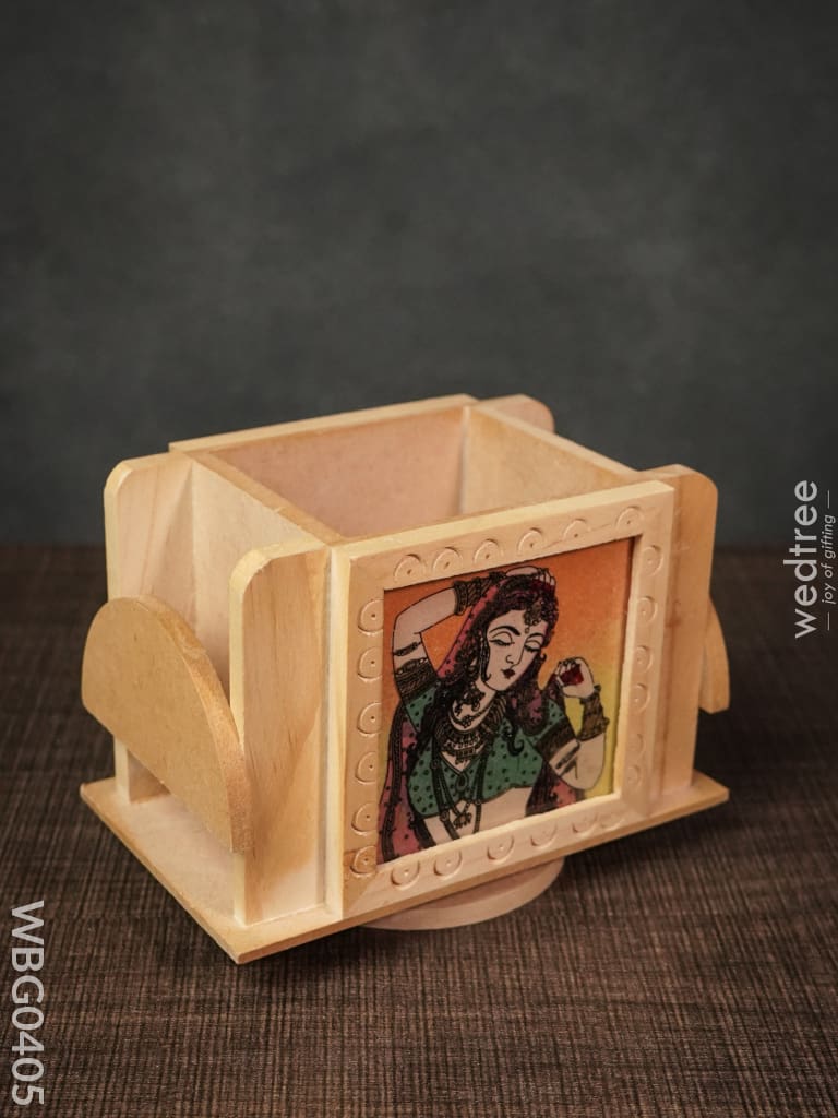 Wooden Hand Painted Revolving Pen Stand With Card Holder - Wbg0405 Utility