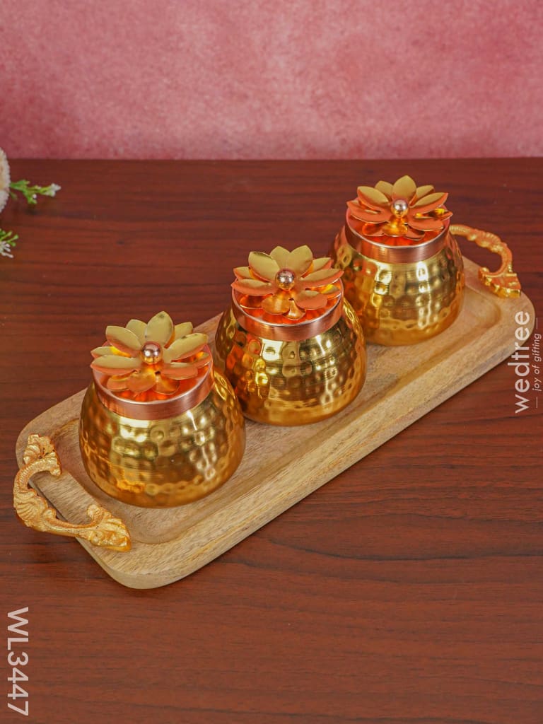 Wooden Plate With 3 Brass Dry Fruit Box - Wl3447 Copper Utility