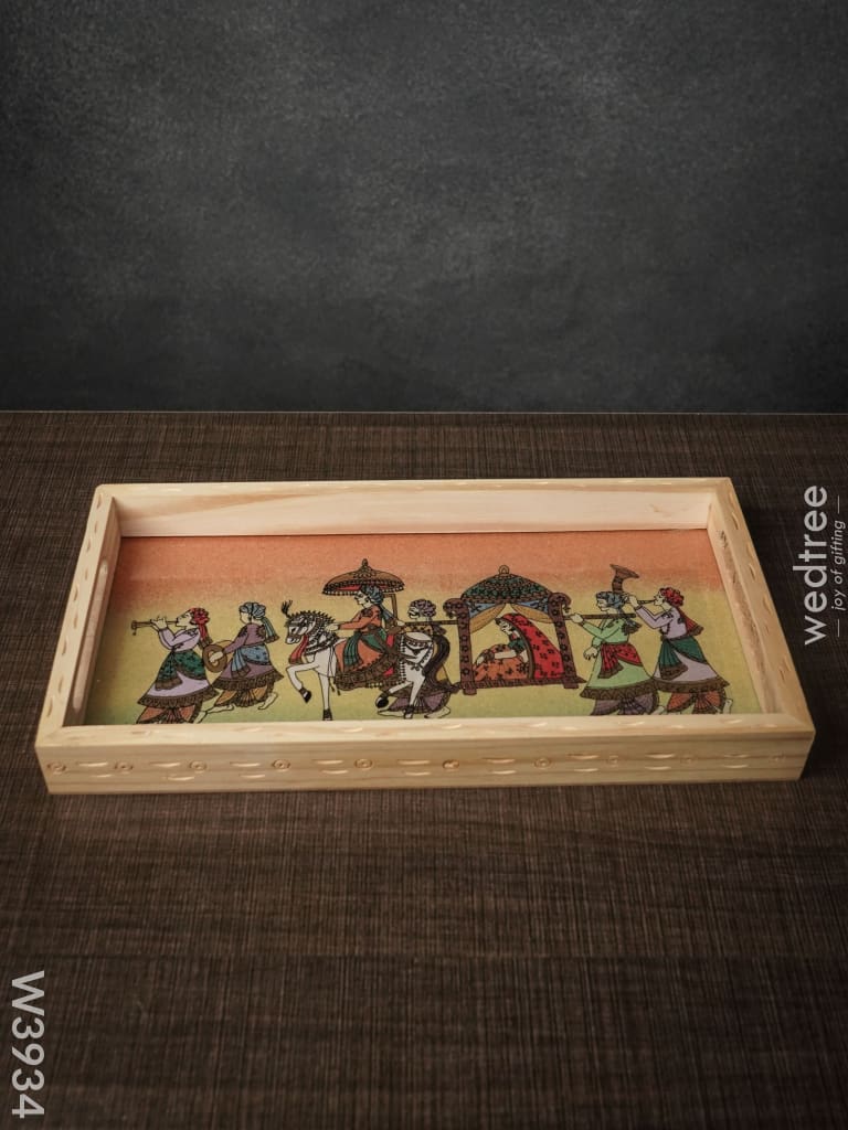 Wooden Tray With Gemstone Paintings - 12 X 6 Inch W3934 Trays