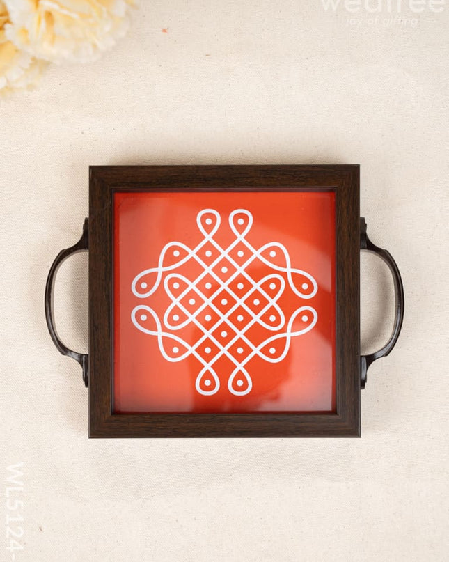 Wooden Tray with Kolam Design - 6x6 inch - WL5124-3 - Wooden Trays