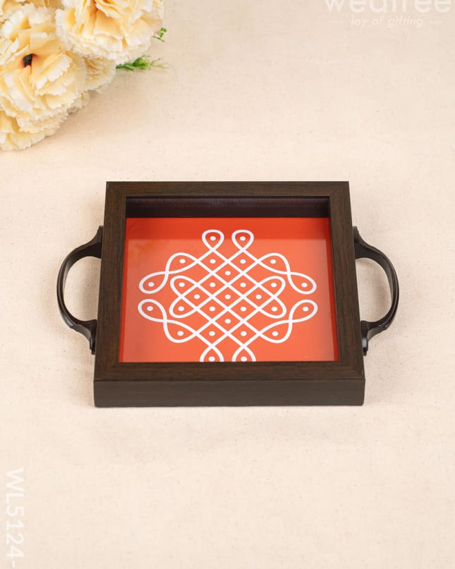 Wooden Tray with Kolam Design - 6x6 inch - WL5124-3 - Wooden Trays